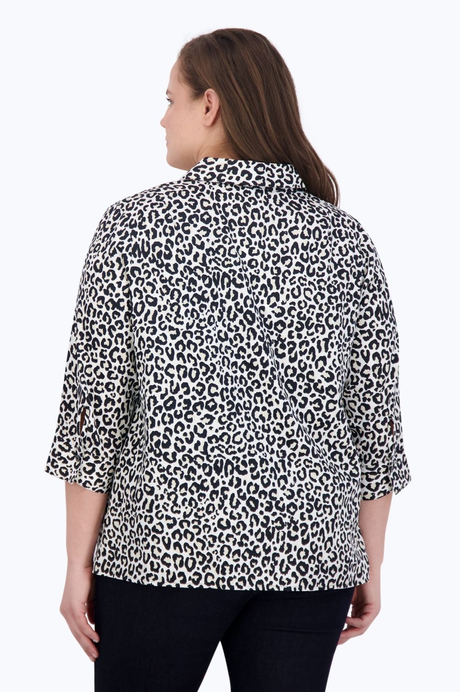 Women Foxcroft Tops | Sophia Plus No Iron Leopard Print Popover Black/Birch Mini Leopard