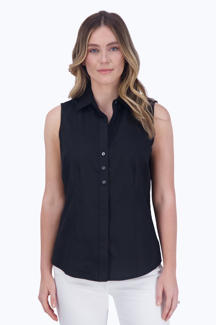 Women Foxcroft Tops | Ashley No Iron Solid Sateen Sleeveless Shirt