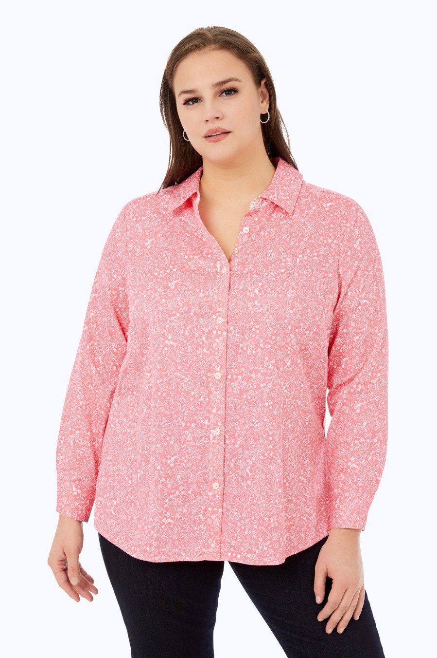 Women Foxcroft Tops | Ava Plus Non-Iron Garden Party Shirt Coral Sunset Garden Party