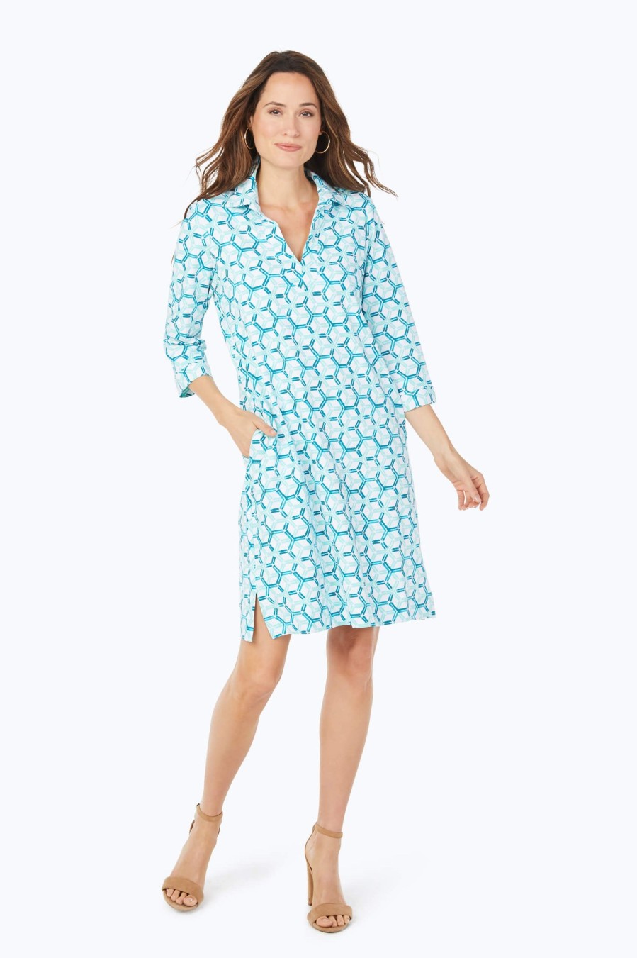 Women Foxcroft Dresses | Angel Coastal Geo Jersey Dress Turquoise Tide Coastal Geo