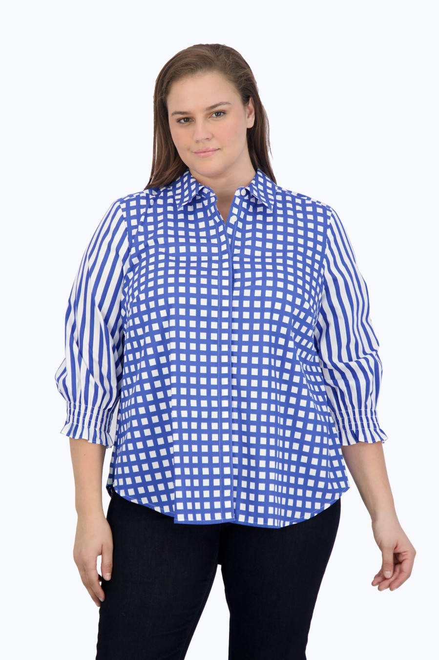 Women Foxcroft Tops | Olivia Plus No Iron Gingham Stripe Combo Shirt Cornflower Blue/White Multi