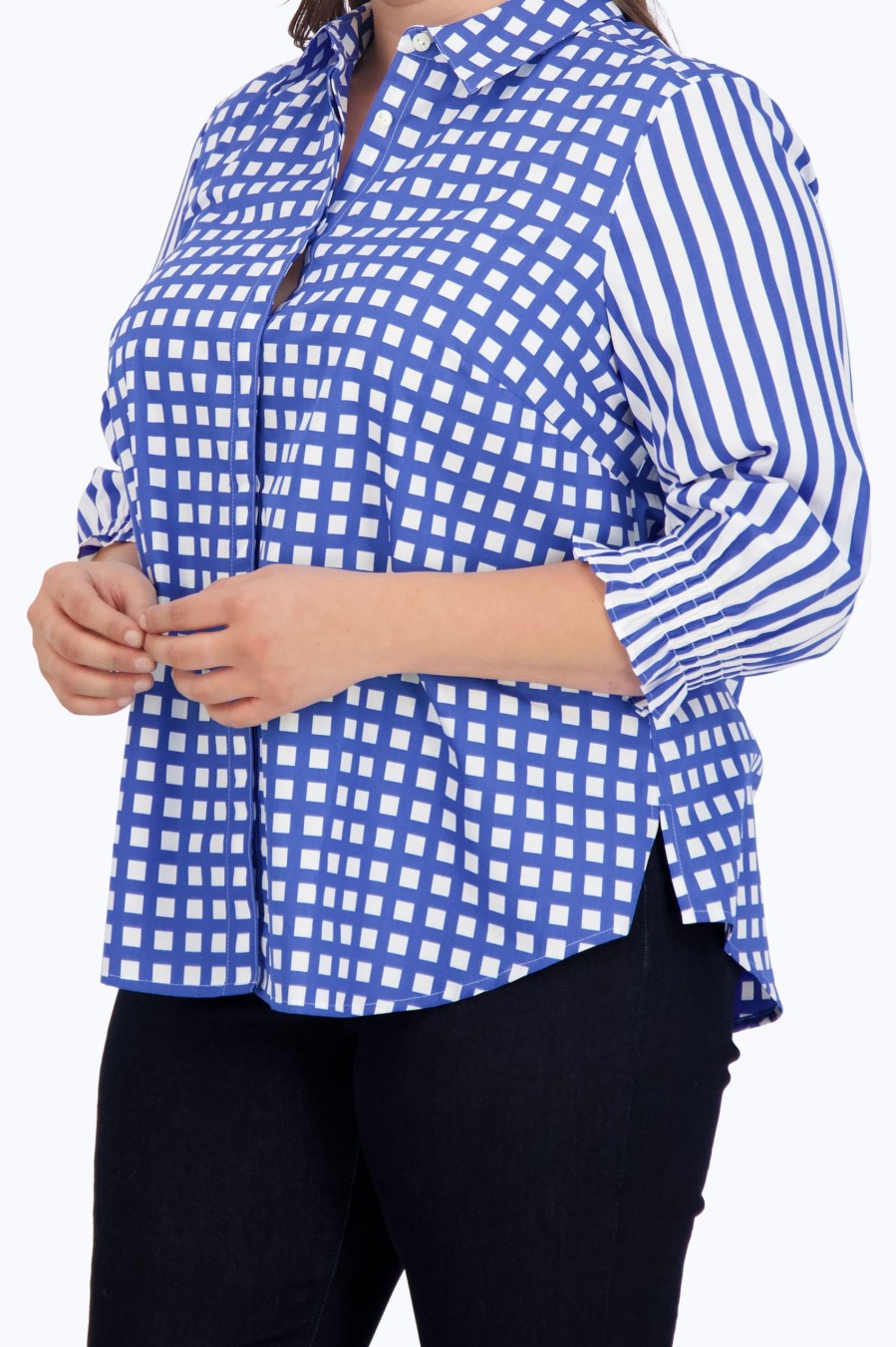 Women Foxcroft Tops | Olivia Plus No Iron Gingham Stripe Combo Shirt Cornflower Blue/White Multi