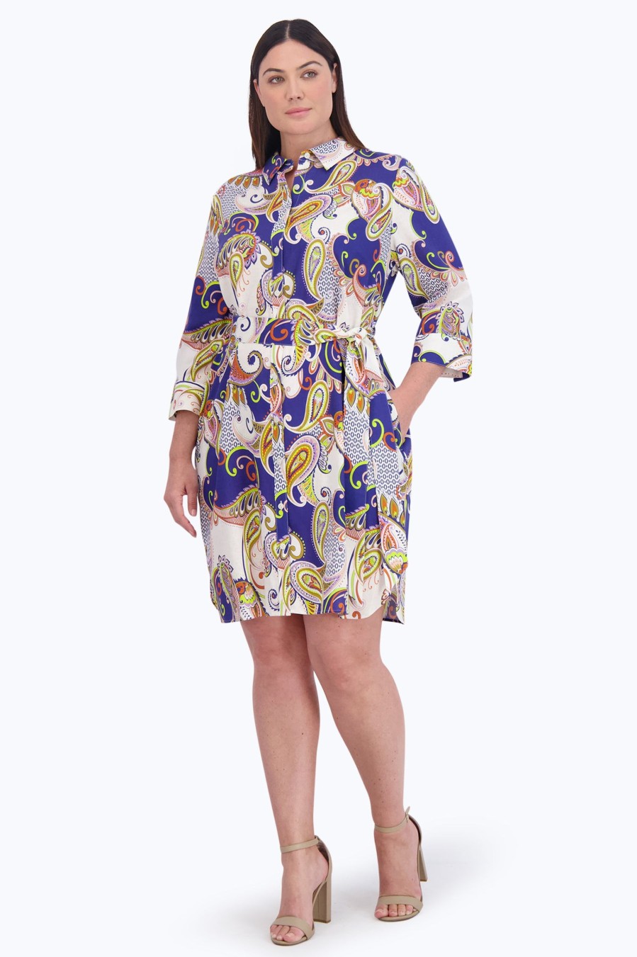 Women Foxcroft Dresses | Rocca Plus Easy Care Linen Paisley Dress Blue/White Retro Paisley