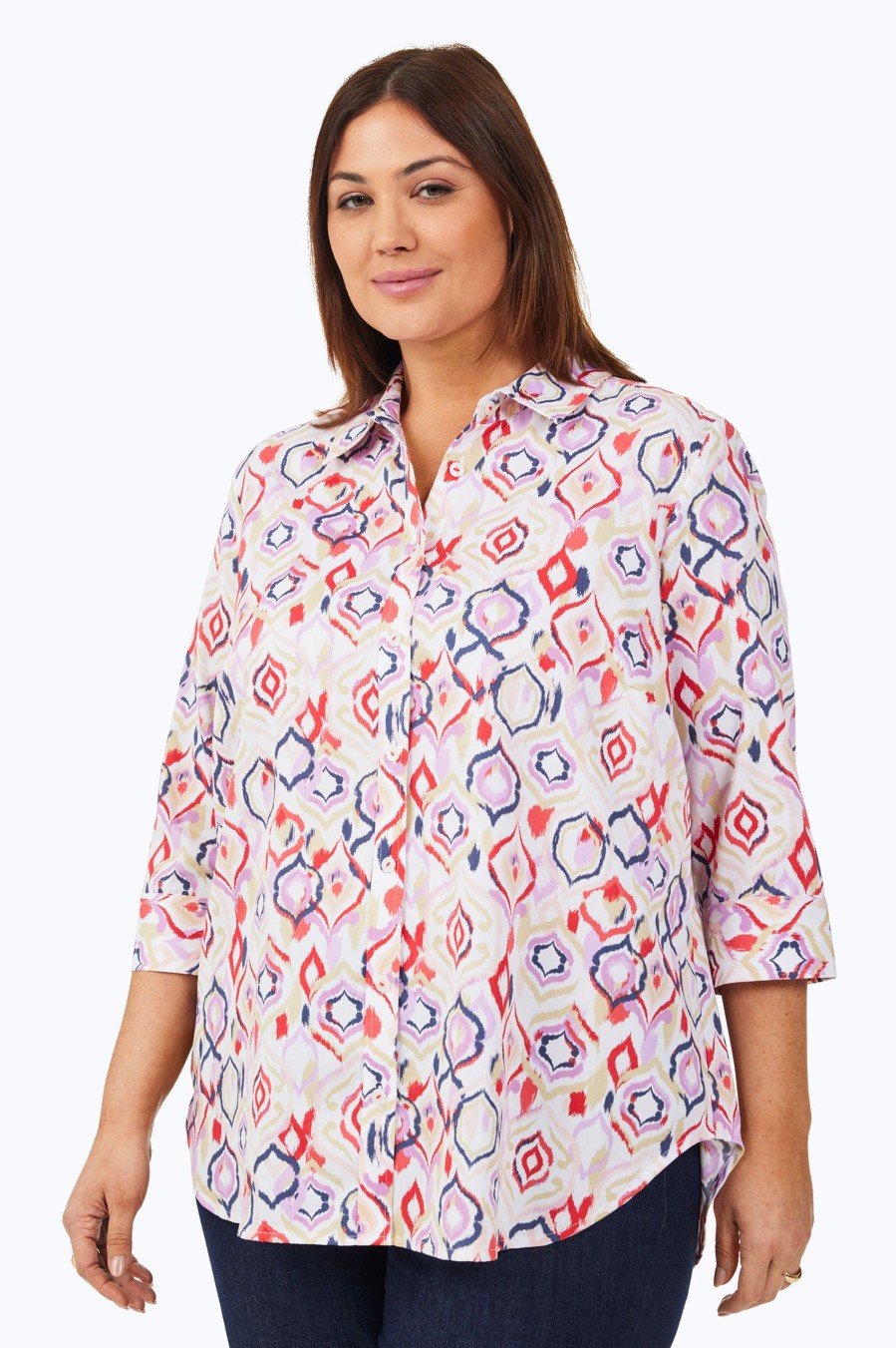 Women Foxcroft Tops | Boyfriend Plus Non-Iron Tunic Summer Ikat