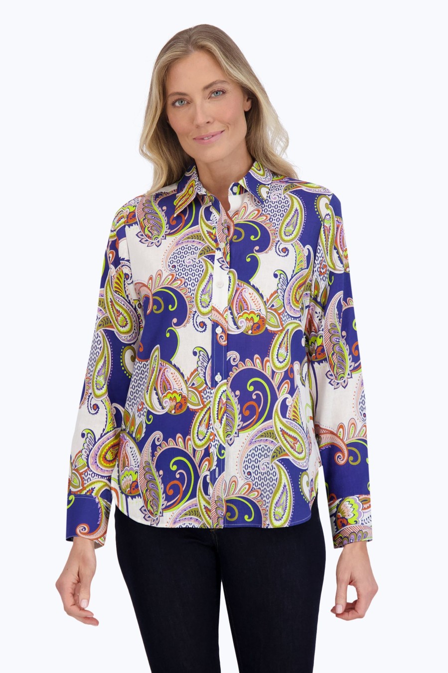 Women Foxcroft Tops | Meghan Easy Care Linen Paisley Shirt Blue/White Retro Paisley