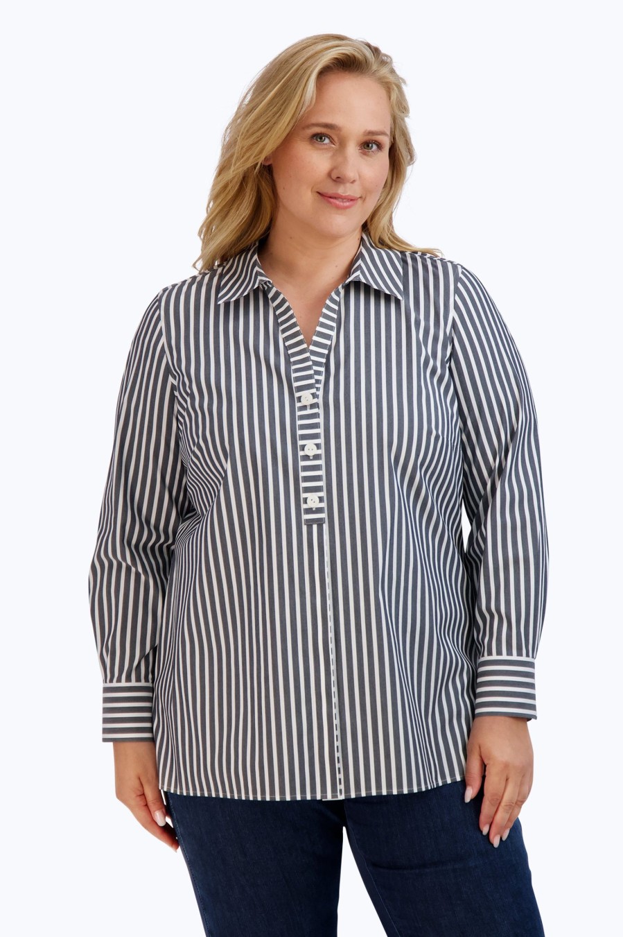 Women Foxcroft Tops | Pamela Plus Stretch No Iron Stripe Shirt