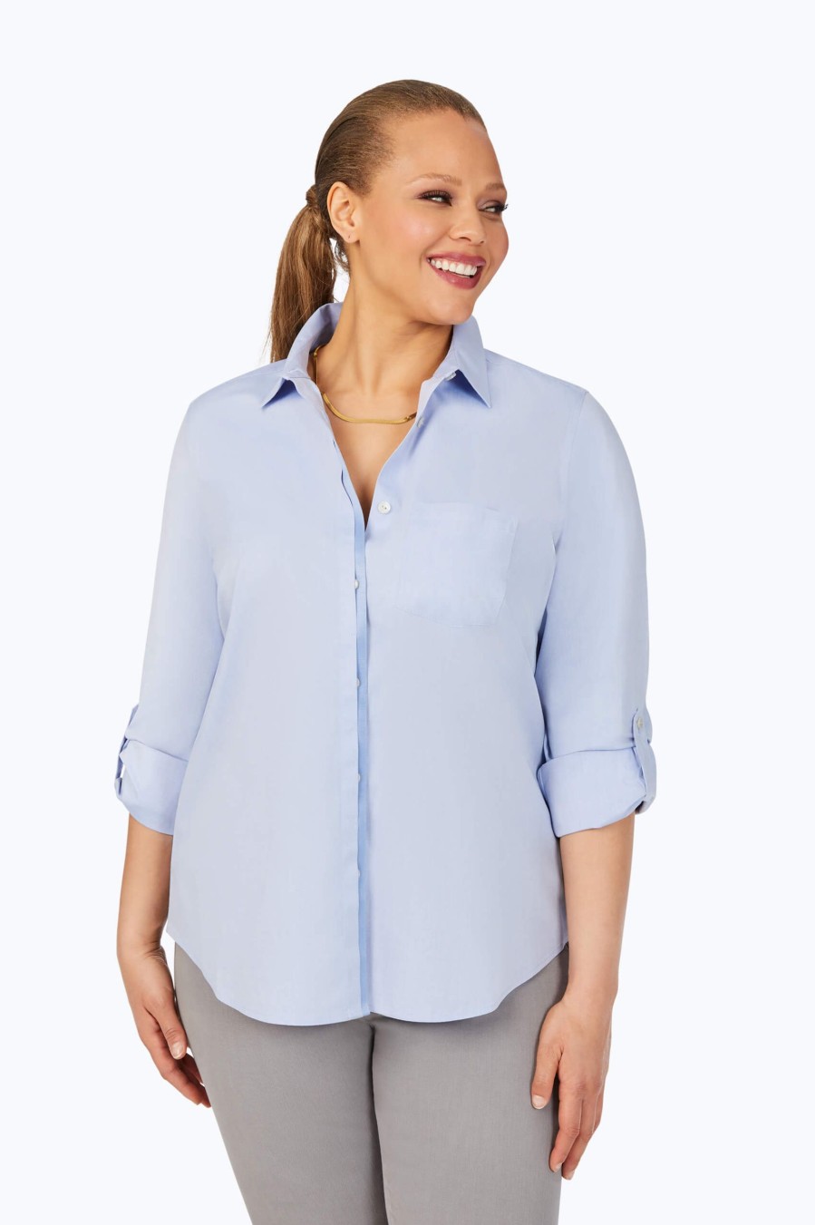 Women Foxcroft Tops | Charlie Plus Pinpoint Non-Iron Roll Tab Shirt