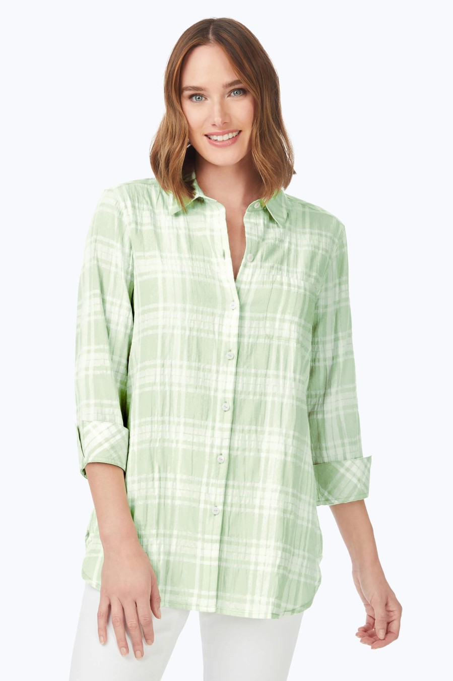 Women Foxcroft Tops | Germaine Puckered Spring Plaid Tunic