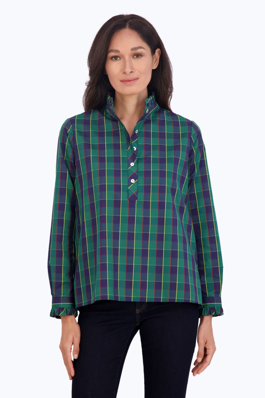 Women Foxcroft Tops | Mia No Iron Tartan Plaid Popover Navy/Green/Yellow Tartan