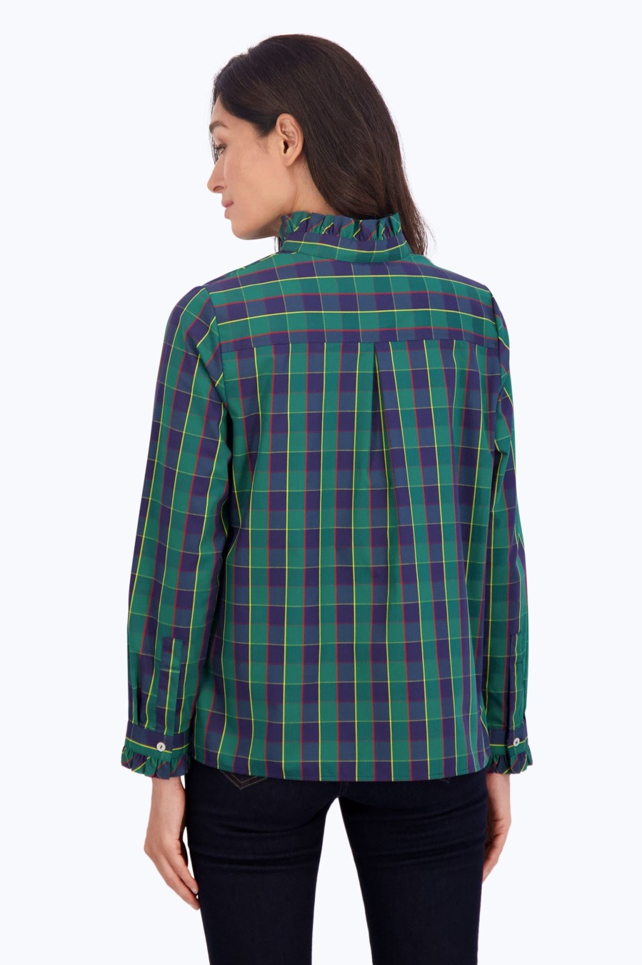 Women Foxcroft Tops | Mia No Iron Tartan Plaid Popover Navy/Green/Yellow Tartan