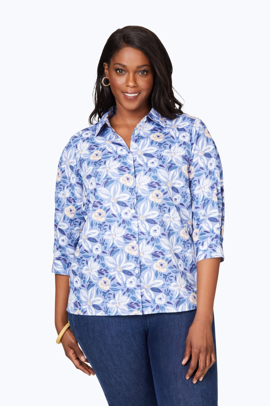 Women Foxcroft Tops | Plus Brushstroke Blossom Non-Iron Shirt Iris Bloom Brushstroke Blossoms