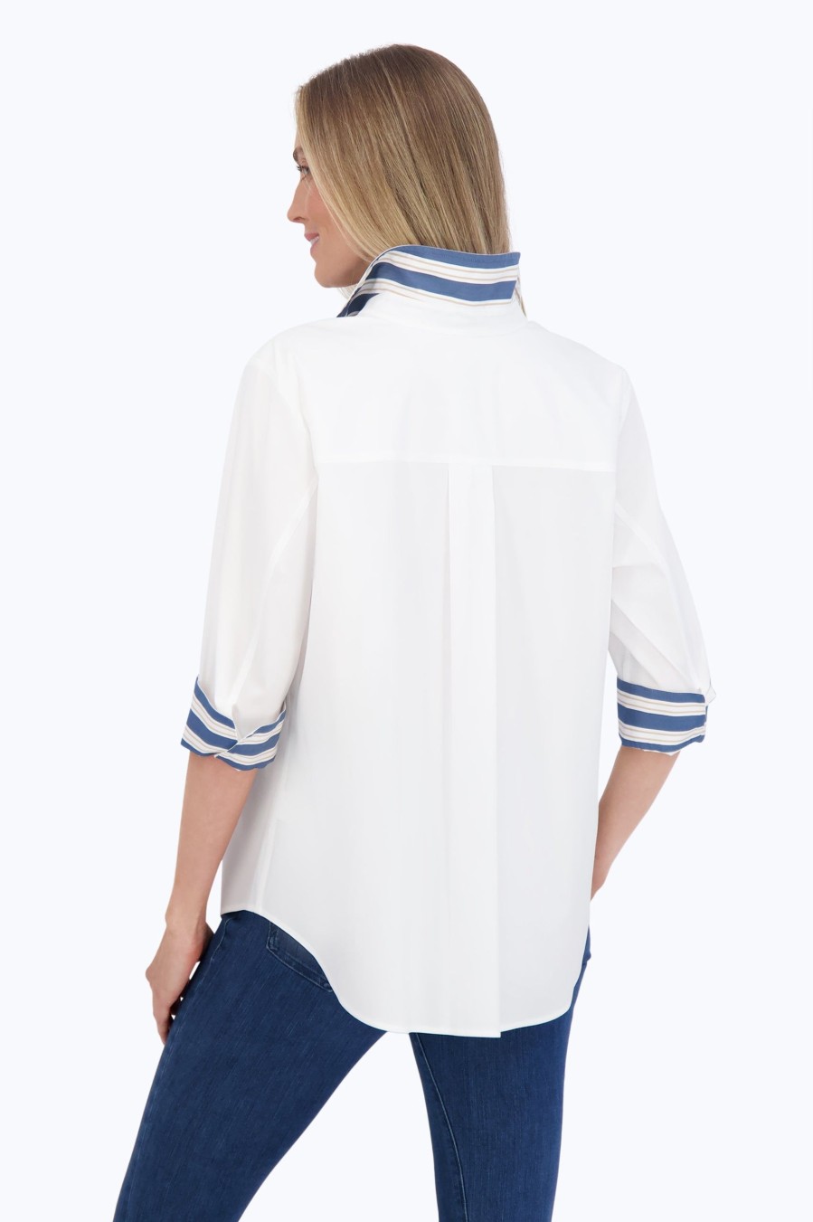 Women Foxcroft Tops | Margie Stretch No Iron Indigo Stripe Detail Shirt White Indigo Cedar Stripe