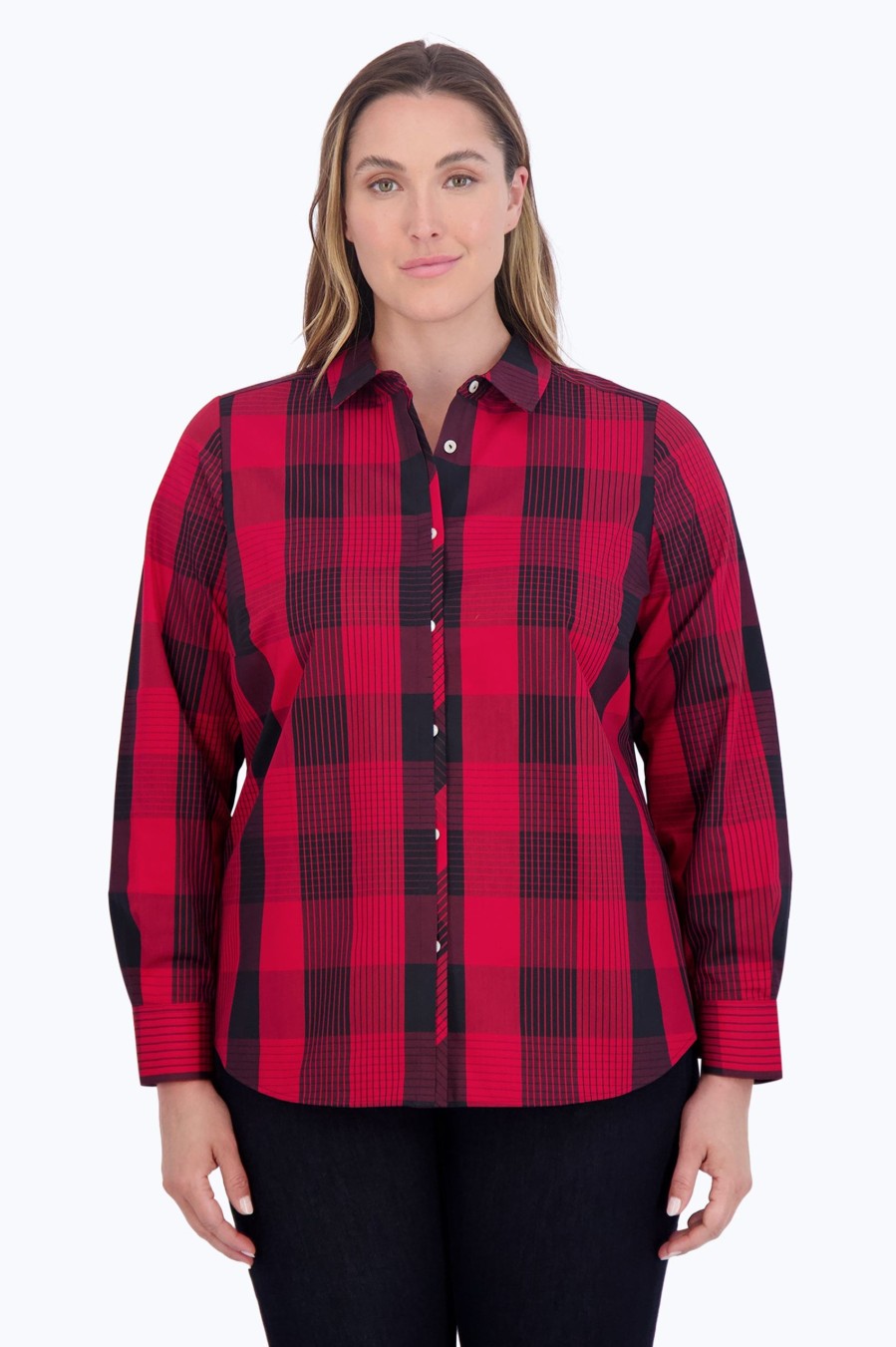 Women Foxcroft Tops | Charlie Plus No Iron Buffalo Plaid Shirt Red/Black Buffalo Plaid