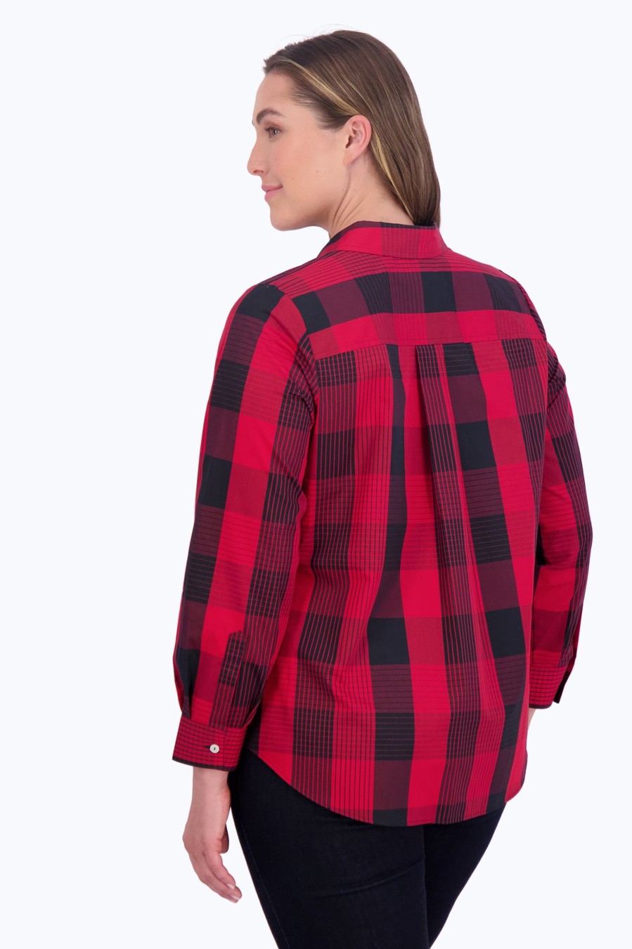 Women Foxcroft Tops | Charlie Plus No Iron Buffalo Plaid Shirt Red/Black Buffalo Plaid