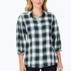 Women Foxcroft Tops | Brushed Pleated Sleeve Plaid Shirt Navy Multi Brushed Plaid