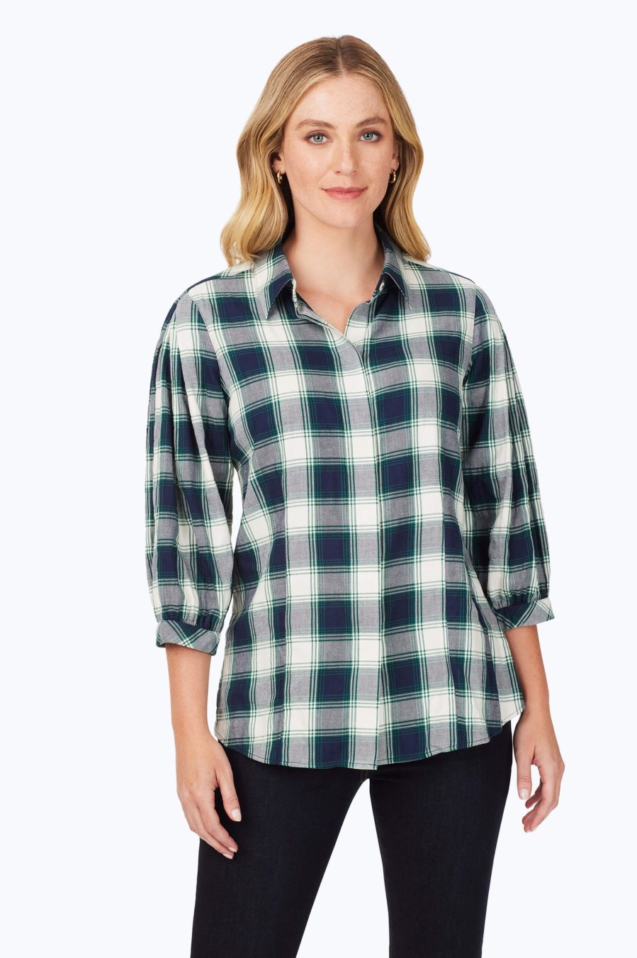 Women Foxcroft Tops | Brushed Pleated Sleeve Plaid Shirt Navy Multi Brushed Plaid