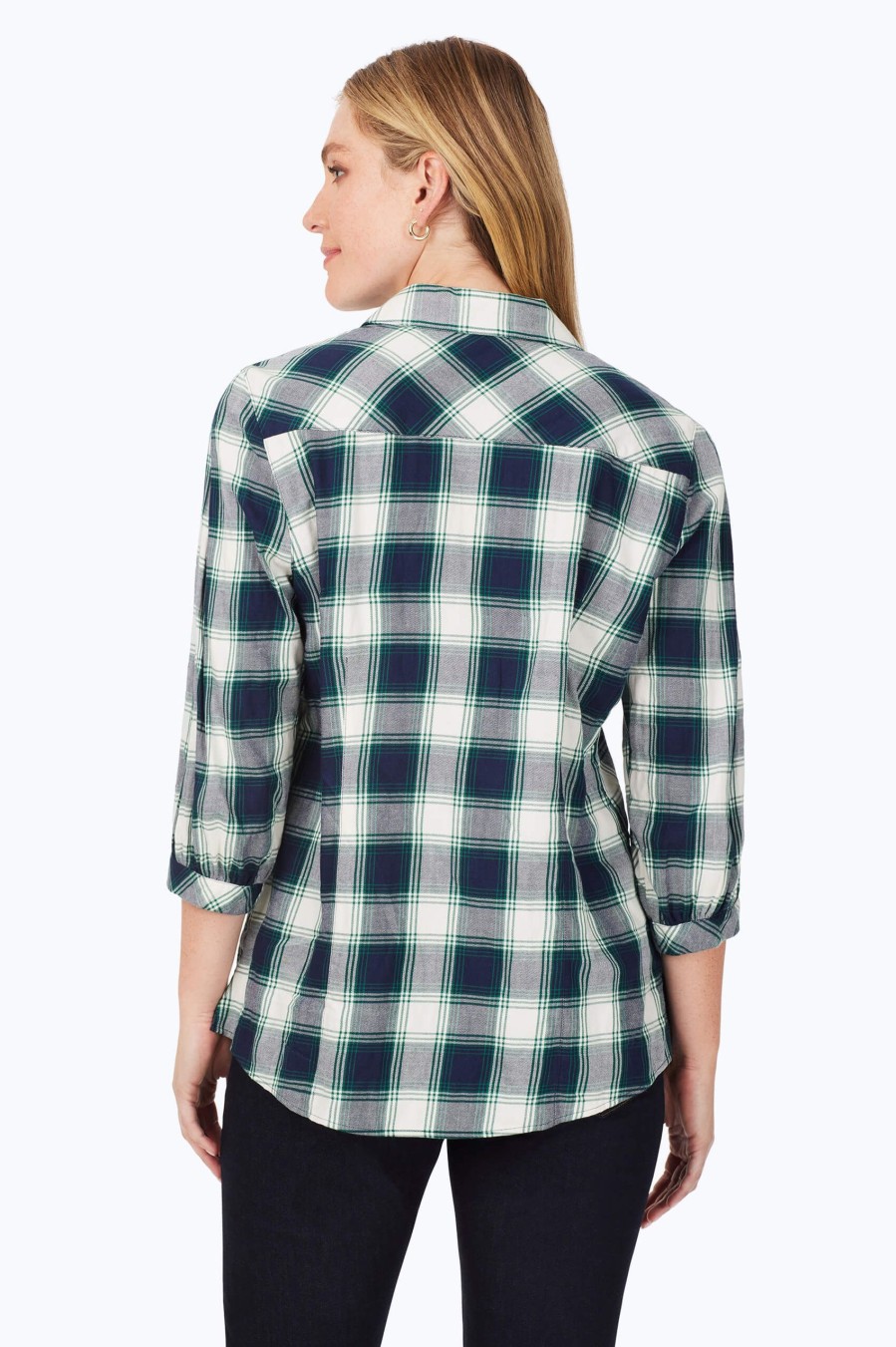 Women Foxcroft Tops | Brushed Pleated Sleeve Plaid Shirt Navy Multi Brushed Plaid