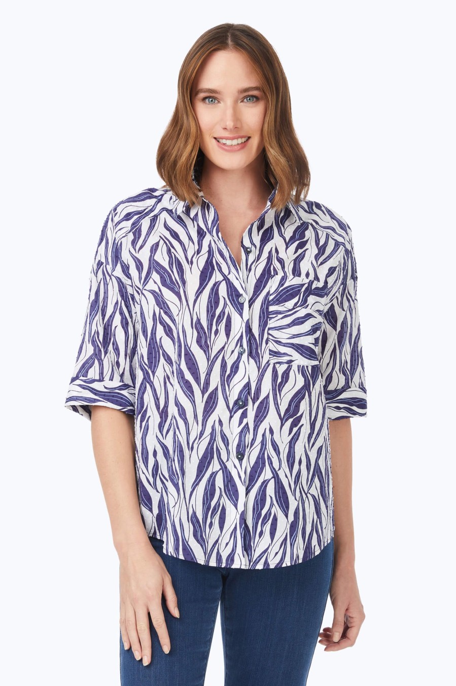 Women Foxcroft Tops | Joanna Beach Botanical Tunic Navy Multi Beach Botanical