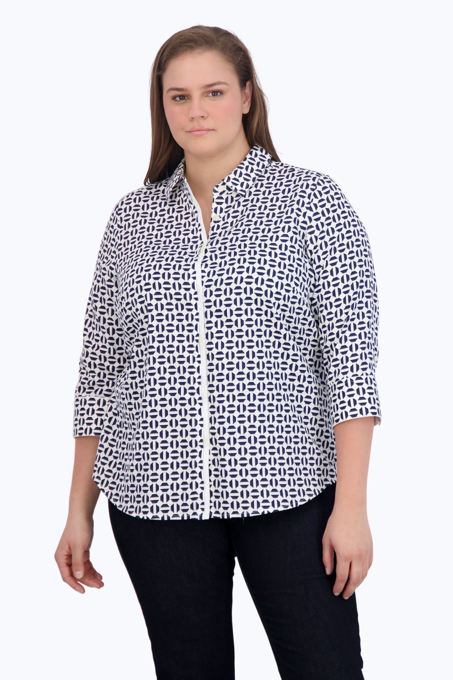 Women Foxcroft Tops | Charlie Plus No Iron Navy Geometric Shirt Navy/White Geometric Halves