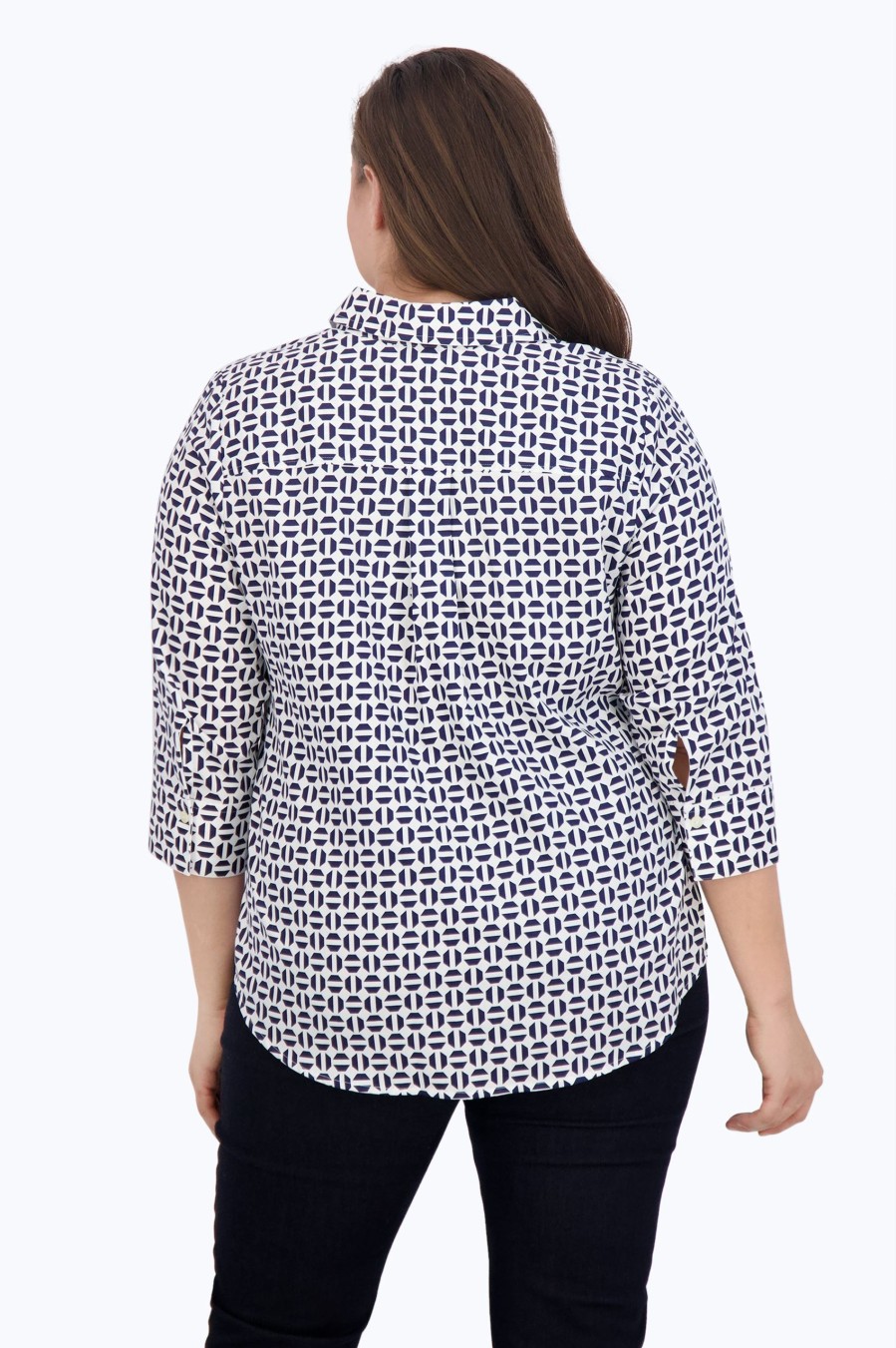 Women Foxcroft Tops | Charlie Plus No Iron Navy Geometric Shirt Navy/White Geometric Halves