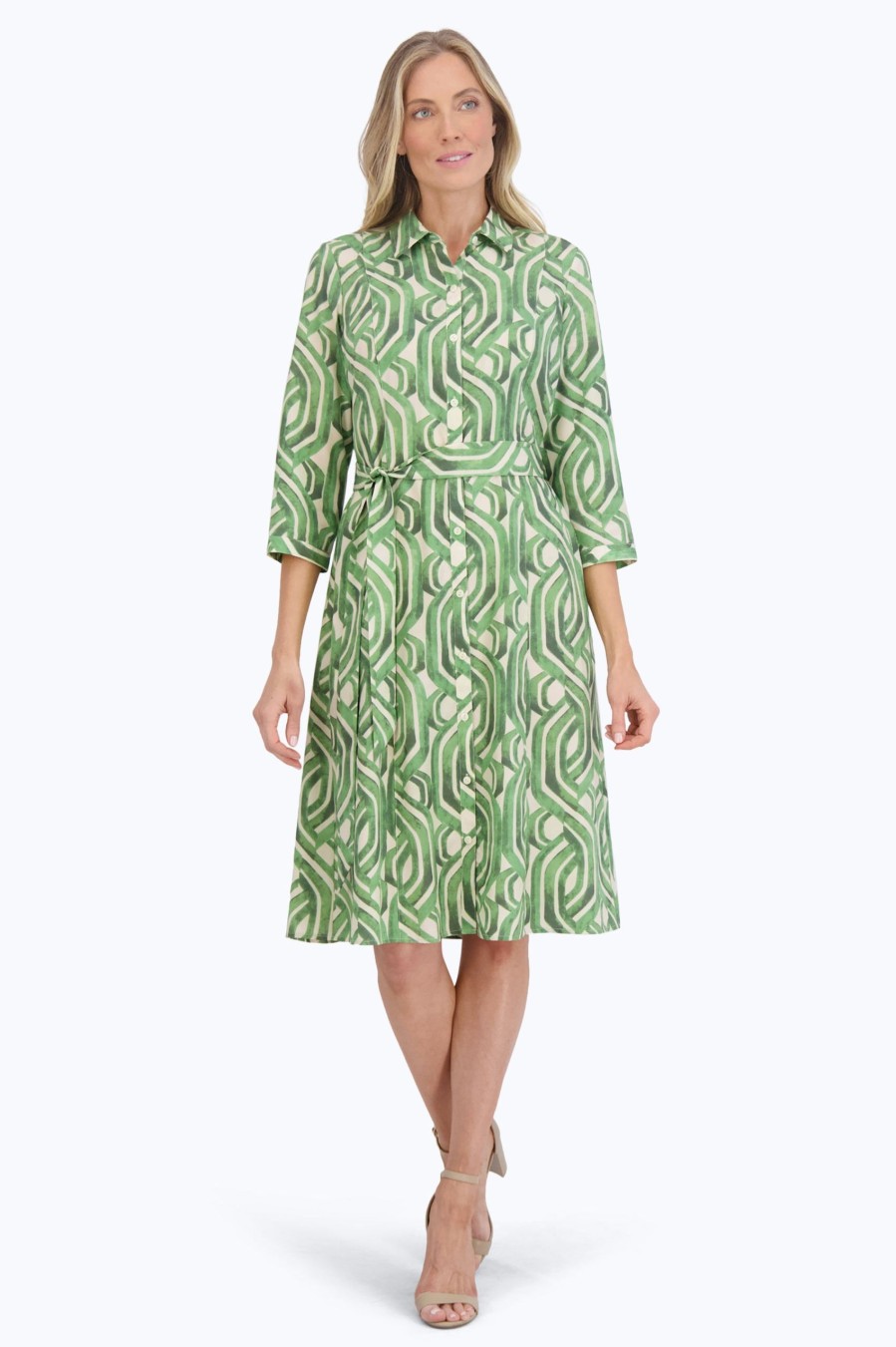 Women Foxcroft Dresses | Fiona No Iron Watercolor Braid Dress Green Watercolor Braid