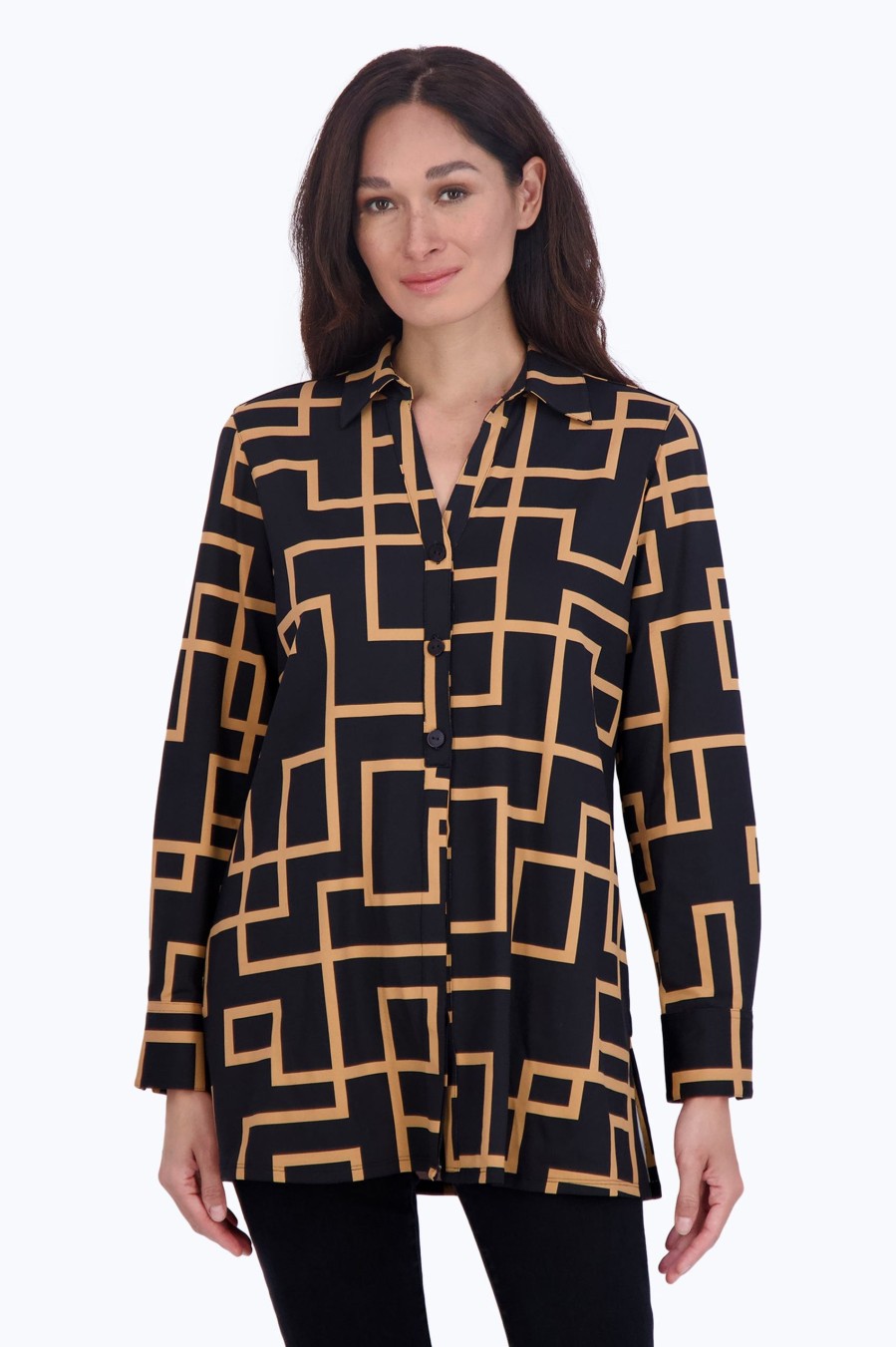 Women Foxcroft Tops | Pamela Maze Jersey Tunic Black Maze Print