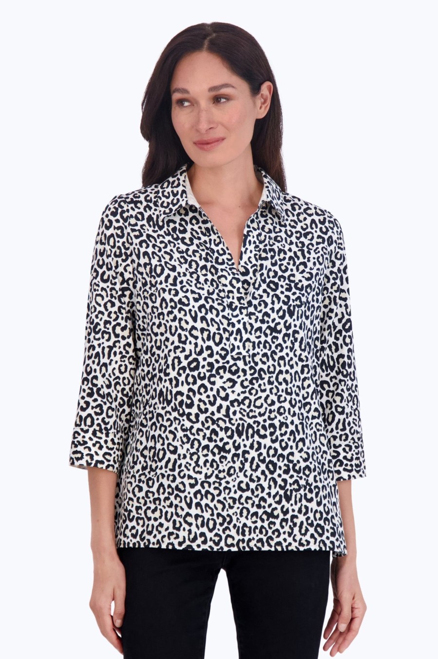 Women Foxcroft Tops | Sophia No Iron Leopard Print Popover Black/Birch Mini Leopard