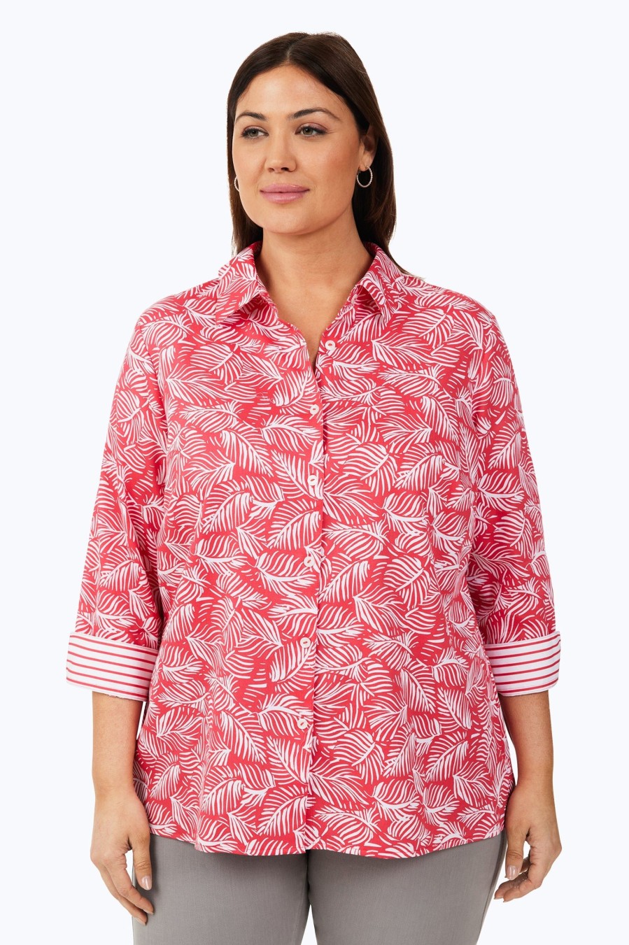 Women Foxcroft Tops | Lucie Plus Non-Iron Shirt Beach Leaves