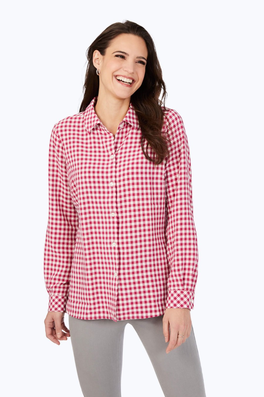 Women Foxcroft Tops | Gingham Check Stretch Shirt Pink Rosato Gingham