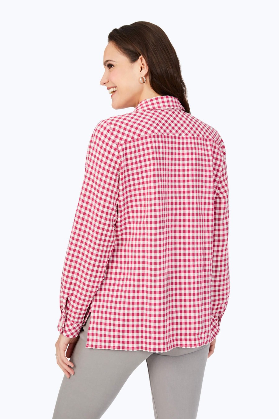 Women Foxcroft Tops | Gingham Check Stretch Shirt Pink Rosato Gingham