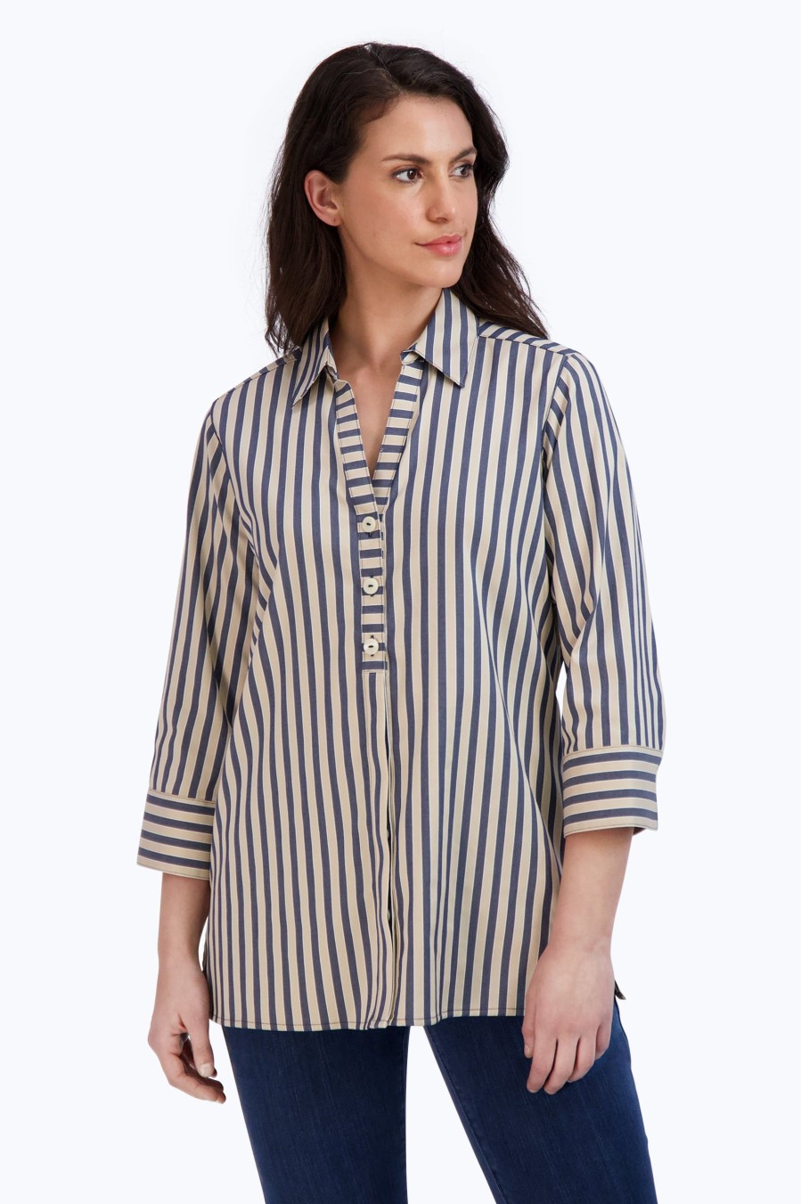 Women Foxcroft Tops | Andie Non-Iron Navy Stripe Shirt Navy/Neutral Stripe