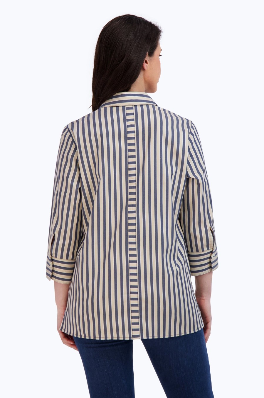 Women Foxcroft Tops | Andie Non-Iron Navy Stripe Shirt Navy/Neutral Stripe