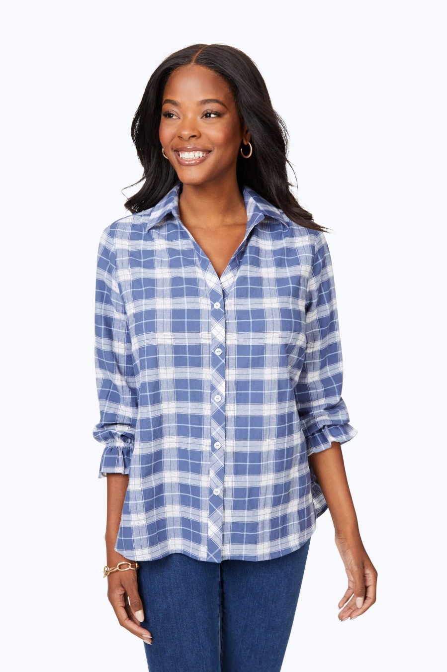 Women Foxcroft Tops | Dobby Plaid Shirt Soft Indigo Dobby Plaid