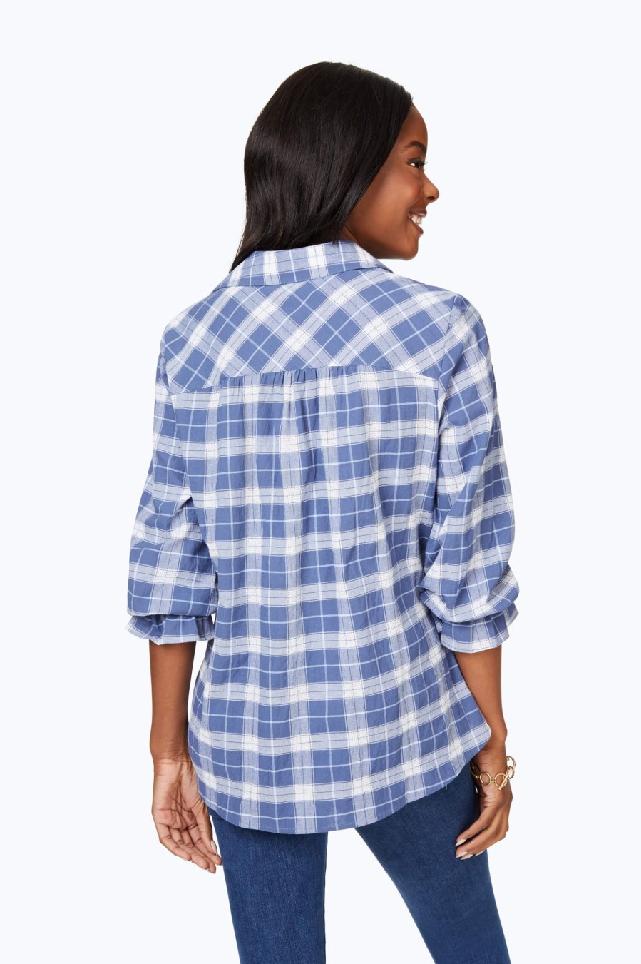 Women Foxcroft Tops | Dobby Plaid Shirt Soft Indigo Dobby Plaid