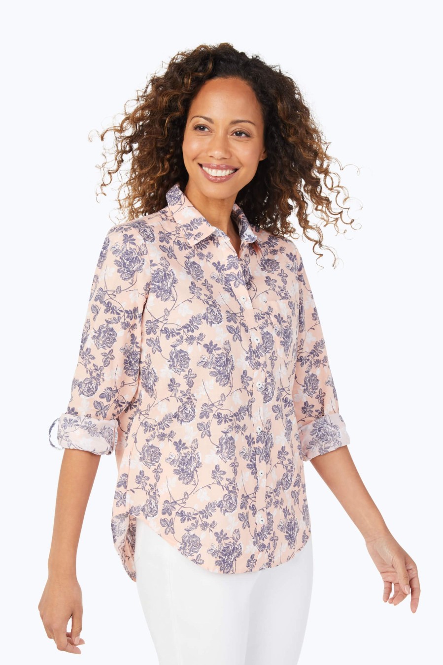 Women Foxcroft Tops | Sunset Floral Non-Iron Shirt Peach Sorbet Sunset Floral