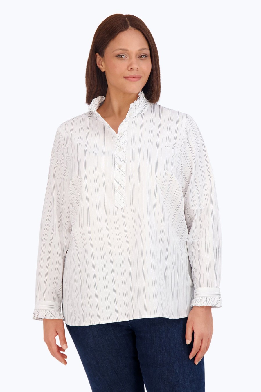 Women Foxcroft Tops | Mia Plus No Iron Lurex Stripe Popover