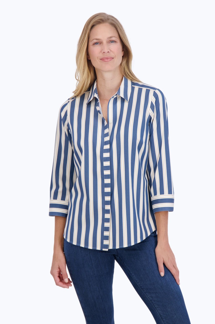 Women Foxcroft Tops | Luna Stretch No Iron Indigo Stripe Shirt Indigo Cedar Stripe