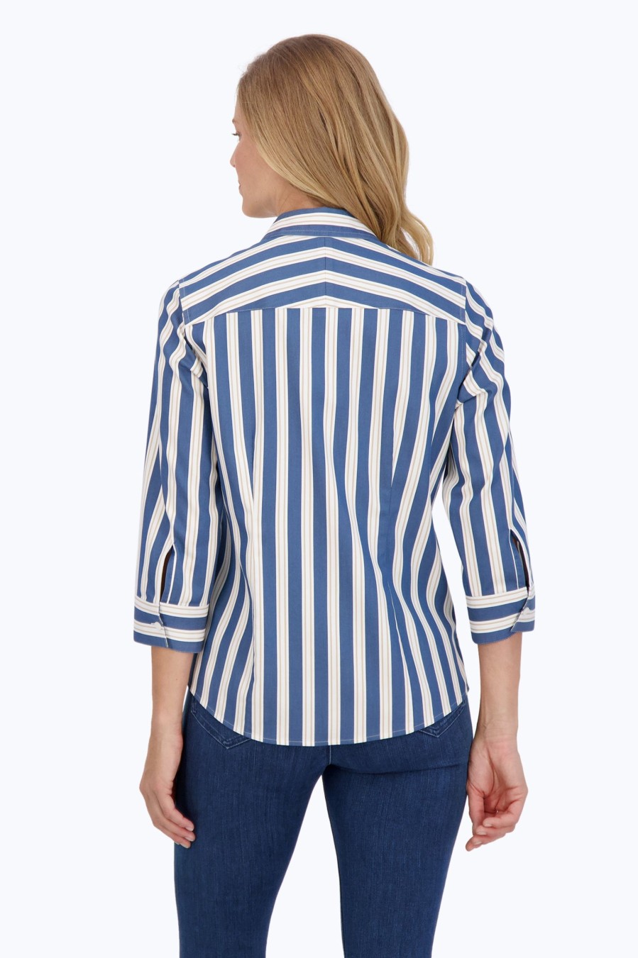 Women Foxcroft Tops | Luna Stretch No Iron Indigo Stripe Shirt Indigo Cedar Stripe