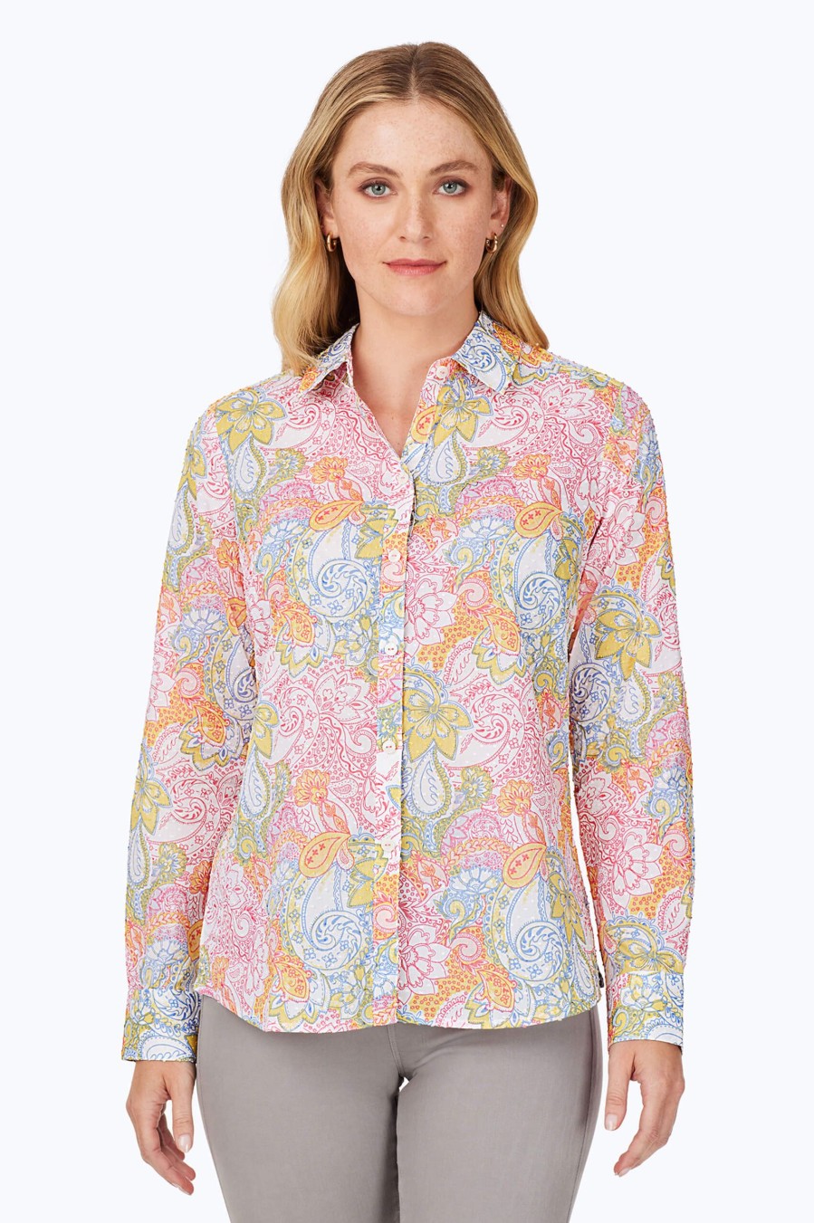 Women Foxcroft Tops | Ava Beach Batik Shirt French Rose Batik