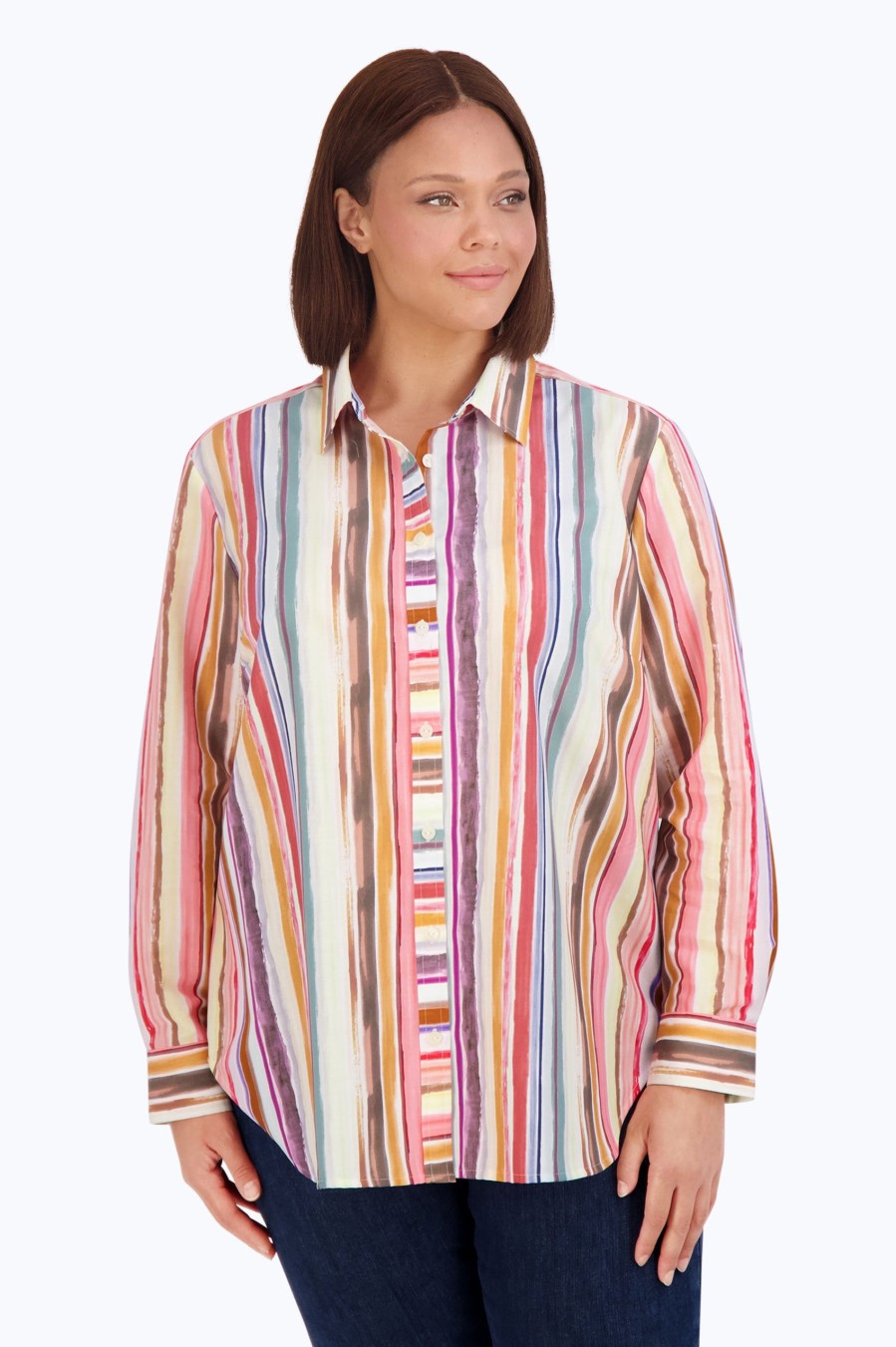 Women Foxcroft Tops | Boyfriend Plus No Iron Watercolor Stripe Tunic Multi Watercolor Stripe