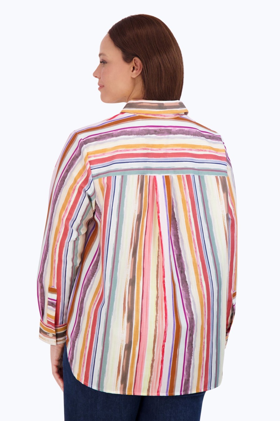 Women Foxcroft Tops | Boyfriend Plus No Iron Watercolor Stripe Tunic Multi Watercolor Stripe