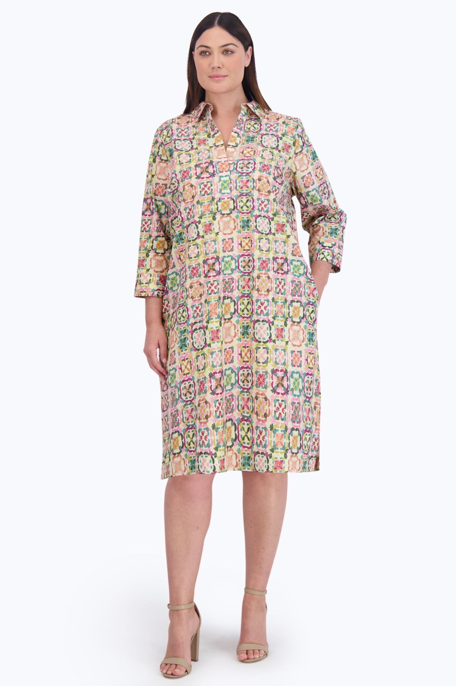 Women Foxcroft Dresses | Sophia Plus No Iron Watercolor Tile Dress Multi Watercolor Tile