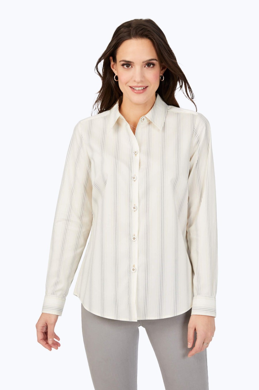 Women Foxcroft Tops | Chic Stripe Non-Iron Shirt Ivory Multi Chic Stripe