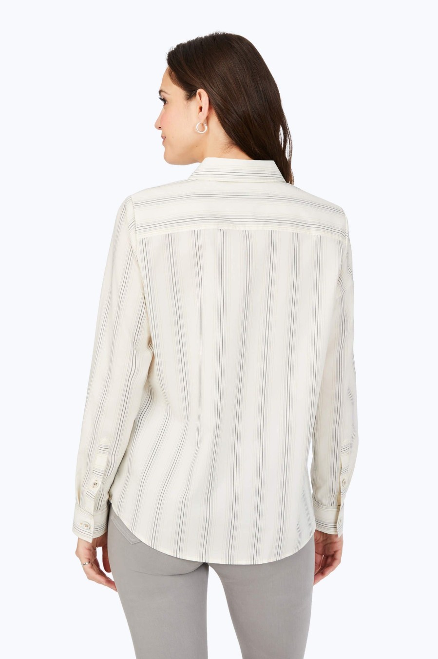 Women Foxcroft Tops | Chic Stripe Non-Iron Shirt Ivory Multi Chic Stripe