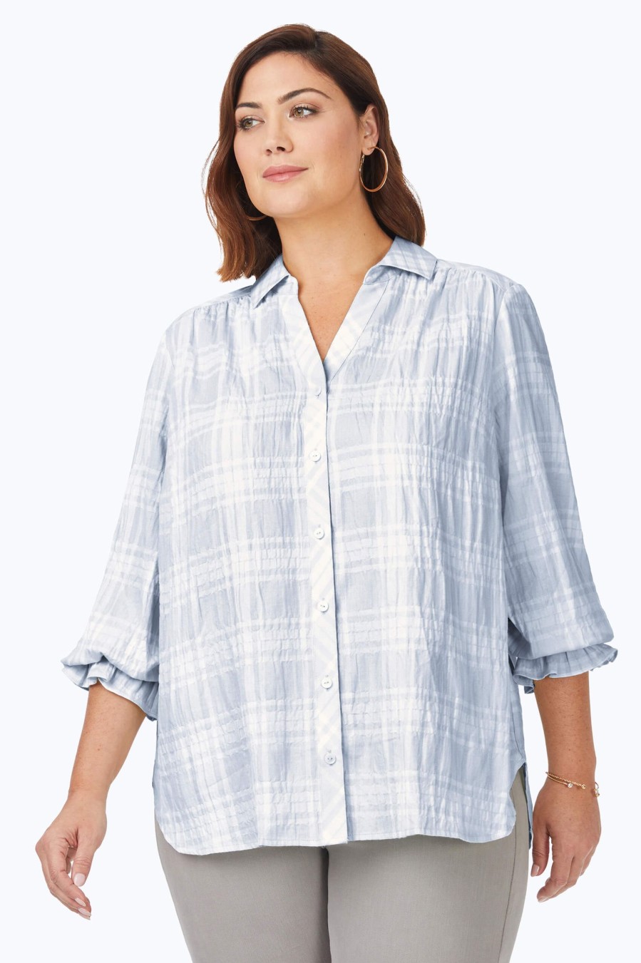 Women Foxcroft Tops | Caspian Plus Puckered Spring Plaid Shirt