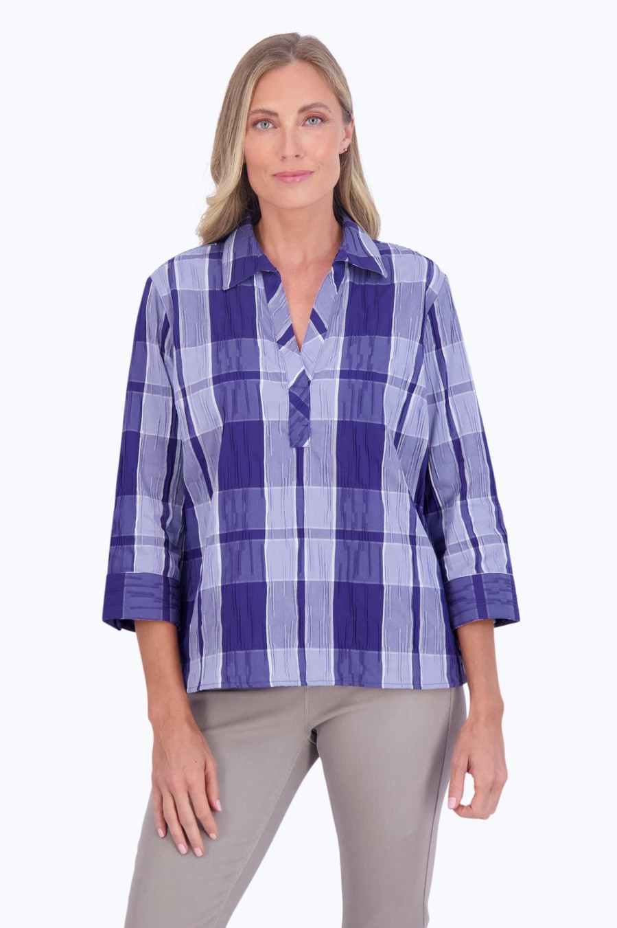 Women Foxcroft Tops | Sophia Denim Plaid Crinkle Popover Blue Denim Plaid