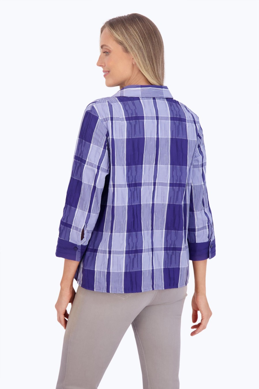 Women Foxcroft Tops | Sophia Denim Plaid Crinkle Popover Blue Denim Plaid