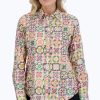 Women Foxcroft Tops | Zoey No Iron Watercolor Tile Shirt Multi Watercolor Tile