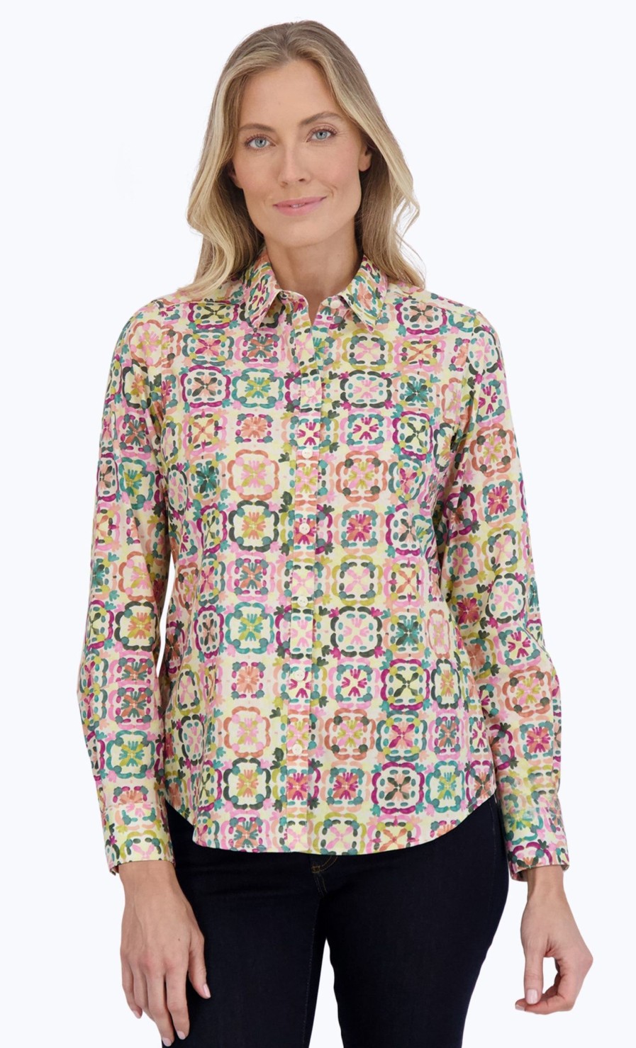 Women Foxcroft Tops | Zoey No Iron Watercolor Tile Shirt Multi Watercolor Tile