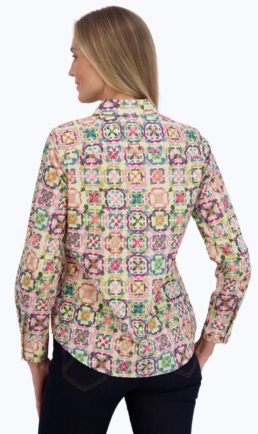 Women Foxcroft Tops | Zoey No Iron Watercolor Tile Shirt Multi Watercolor Tile